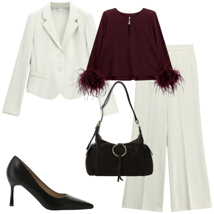 Outfit donna - Fall Imperial. Stile Chic per Serata fuori. Abbinamento con décolleté, blazer, borse a spalla, bluse, pantaloni a palazzo.