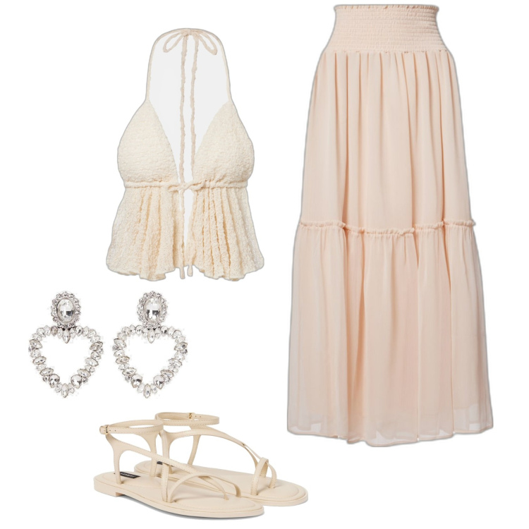 Outfit femme - Romantique. Style Romantique pour Soirée dehors. Assortir avec hauts, boucles d'oreilles, jupes longues, sandales en cuir.