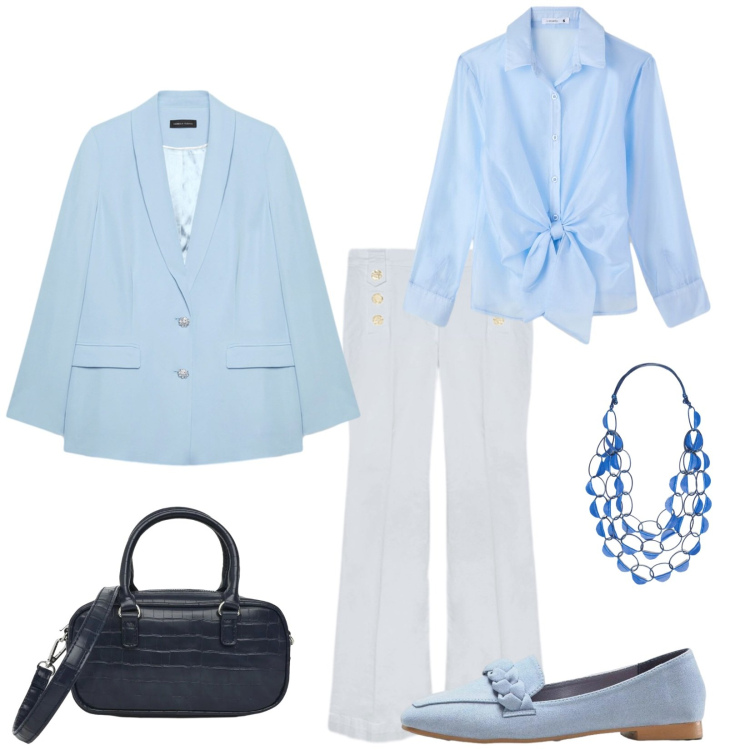Outfit donna - Total look #2478143. Stile Casual chic per Ufficio. Abbinamento con mocassini, camicie, borse a tracolla, collane, blazer, jeans.
