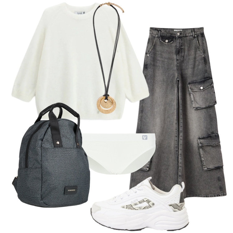 Outfit donna - Nuovo inizio. Stile Trendy per Scuola/Università. Abbinamento con zaini, sneakers, jeans, maglieria, culotte, ciondoli.