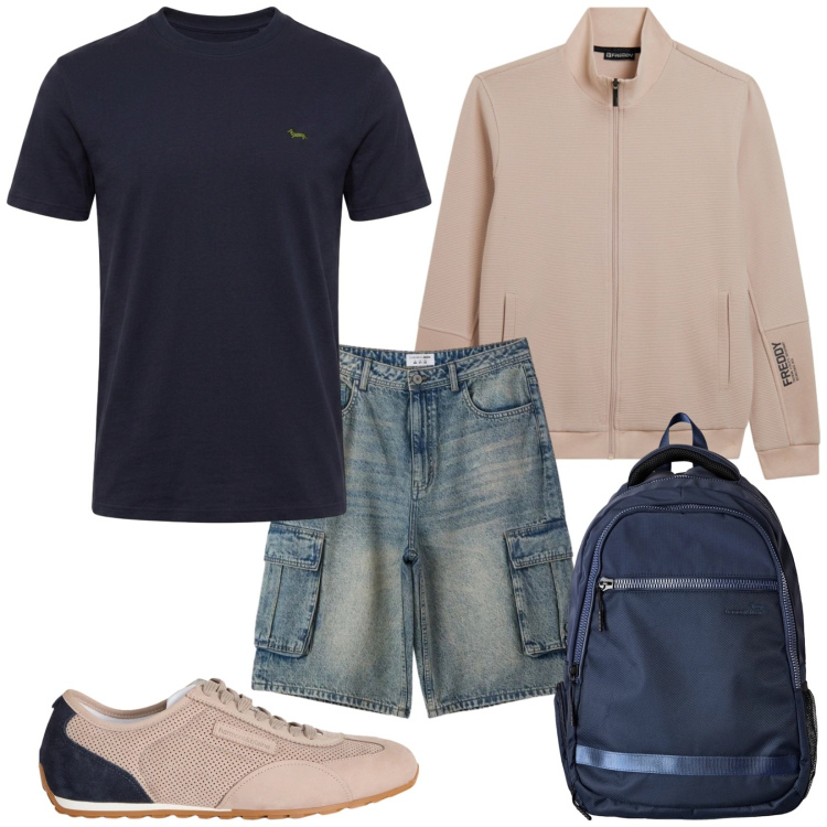 Outfit uomo - Ore 10. Stile Urban per Tutti i giorni. Abbinamento con borse sportive, t-shirt, sneakers, felpe, pantaloni corti.