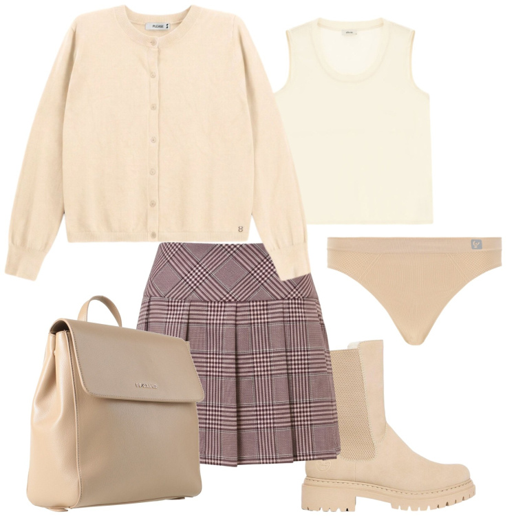 Outfit donna - La gonna... midi plissé a quadretti. Stile Trendy per Tutti i giorni. Abbinamento con zaini, stivaletti, canottiere, minigonne, cardigans, perizomi.
