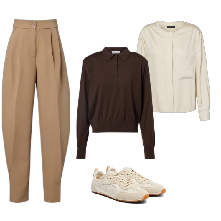 Outfit femme - Pantalon structuré. Style Tendance pour Bureau. Assortir avec polos, pantalon large en bas, blazers, sneakers.