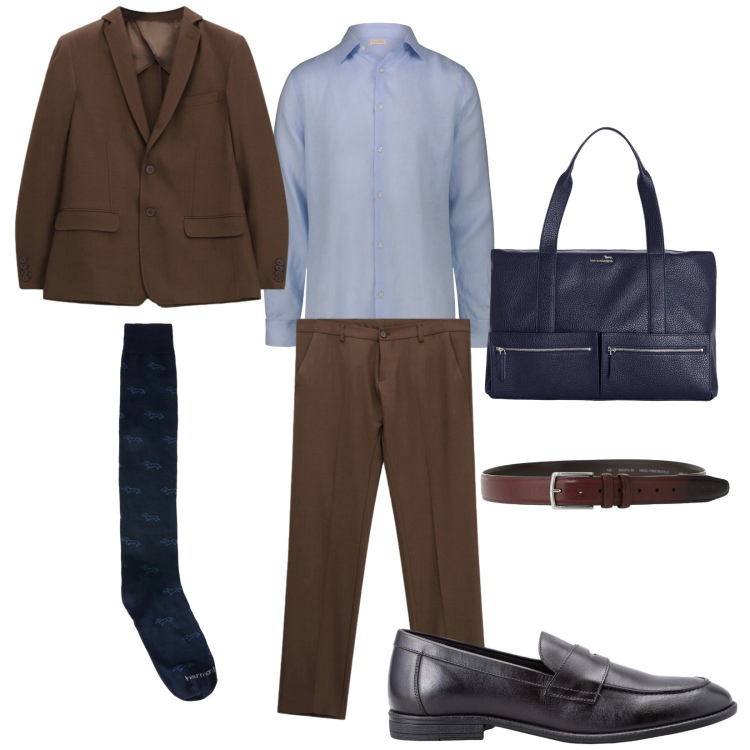 Outfit uomo - The office. Stile Business/Elegante per Ufficio. Abbinamento con calzini, borse sportive, cinture, abiti, camicie, scarpe stringate.