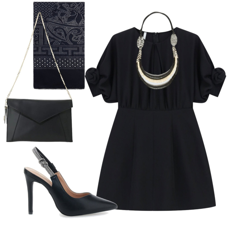 Outfit donna - Serata. Stile Chic per Serata fuori. Abbinamento con vestiti corti, borse a tracolla, collane, sciarpe, décolleté.