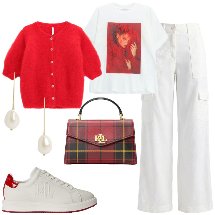 Outfit donna - Bilancia. Stile Casual per Tutti i giorni. Abbinamento con pantaloni cargo, cardigans, t-shirt, orecchini, sneakers, borse a mano.