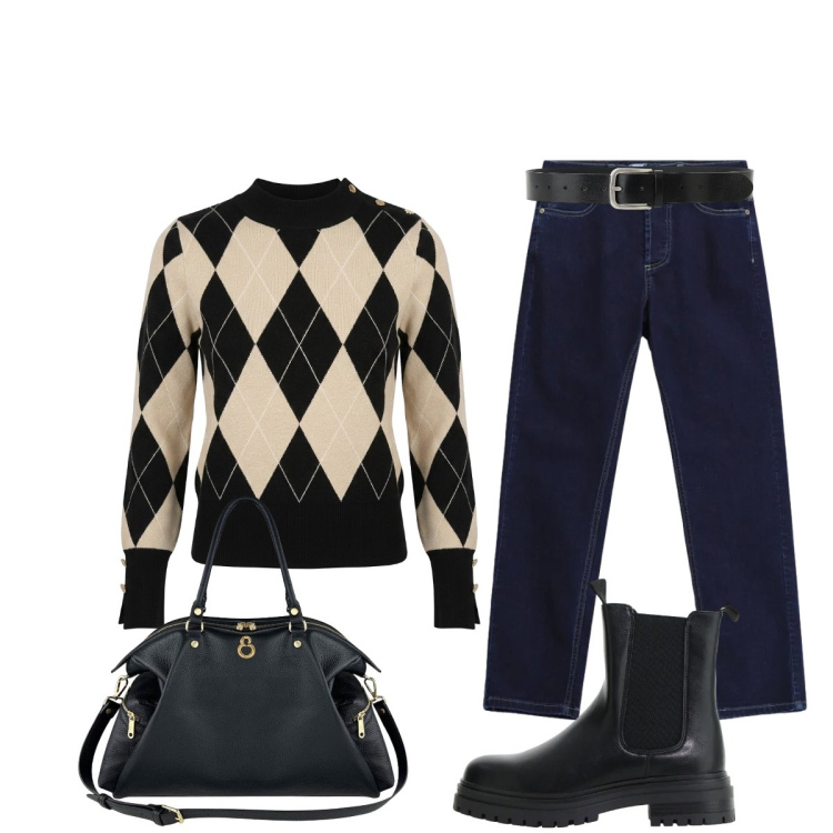 Outfit donna - Minimal chic per la Bilancia. Stile Urban per Tutti i giorni. Abbinamento con stivaletti chelsea, jeans slim fit, cinture, shopping bag, pullovers.