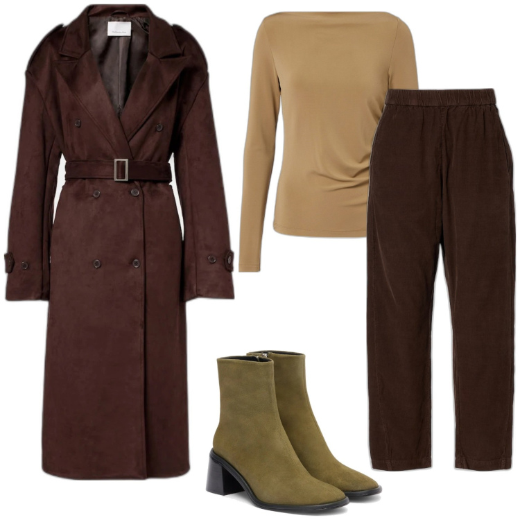 Outfit femme - Trench marron. Style Tendance pour Bureau. Assortir avec imperméable, pantalon , t-shirts, bottines.