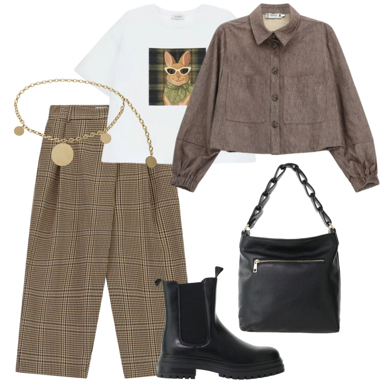 Outfit donna - Freddo ma non troppo. Stile Urban per Tutti i giorni. Abbinamento con stivaletti chelsea, borse a spalla, cinture, cappotti, t-shirt, pantaloni.