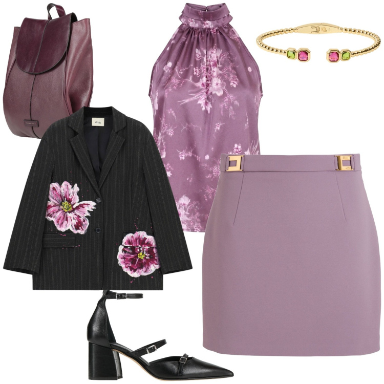 Outfit donna - Bilancia. Stile Casual chic per Tutti i giorni. Abbinamento con minigonne, décolleté, zaini, blazer, top, braccialetti.