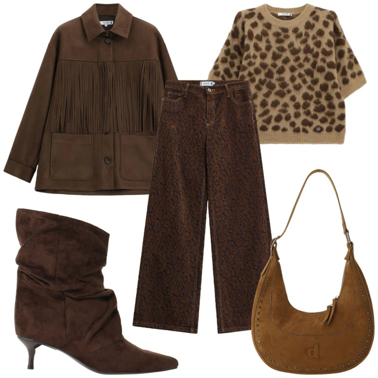 Outfit donna - Please - FW26 animalier. Stile Trendy per Tutti i giorni. Abbinamento con stivali, borse a spalla, pantaloni a palazzo, maglieria, cappotti.