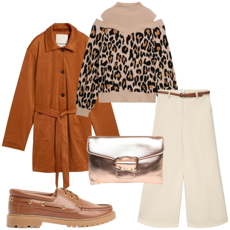 Outfit donna - Fall. Stile Casual per Tutti i giorni. Abbinamento con trench, mocassini, maglieria, pantaloni, clutch.