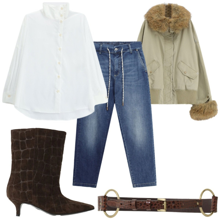 Outfit donna - Please è casual chic. Stile Casual chic per Tutti i giorni. Abbinamento con stivali, cinture, camicie, jeans, parka.