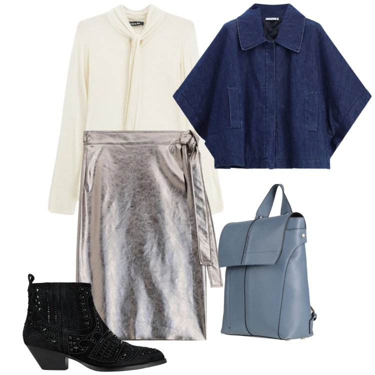 Outfit donna - Una gonna d\'argento. Stile Chic per Serata fuori. Abbinamento con zaini, stivaletti, gonne longuette, t-shirt, blazer.