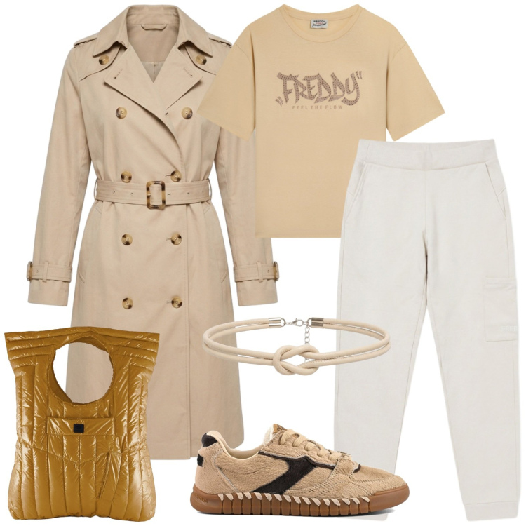 Outfit donna - Trench. Stile Casual per Tutti i giorni. Abbinamento con t-shirt, pantaloni, borse a mano, trench, cinture, sneakers.