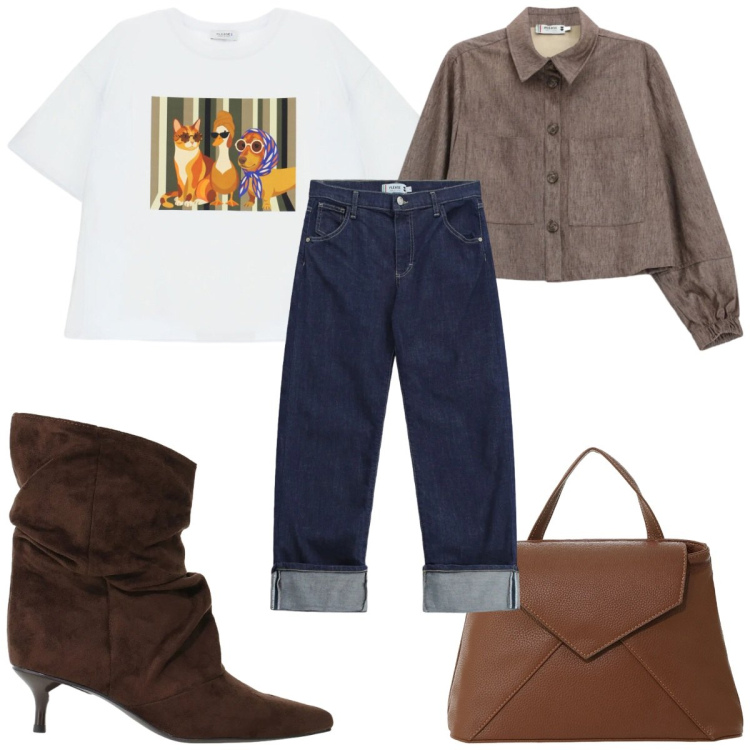 Outfit donna - Please - FW26 jeans scuri. Stile Casual per Tutti i giorni. Abbinamento con borse a mano, stivali, cappotti, jeans dritti, t-shirt.