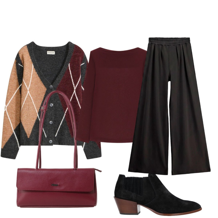 Outfit donna - Bilancia: casual chic autunnale. Stile Preppy per Tutti i giorni. Abbinamento con stivaletti, cardigans, pantaloni a palazzo, borse a spalla, t-shirt.