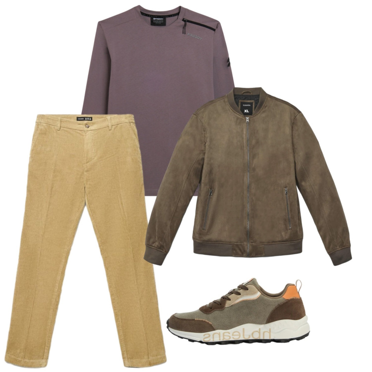 Outfit uomo - Suede in marrone. Stile Casual per Tutti i giorni. Abbinamento con sneakers, t-shirt, giacche, pantaloni chino.