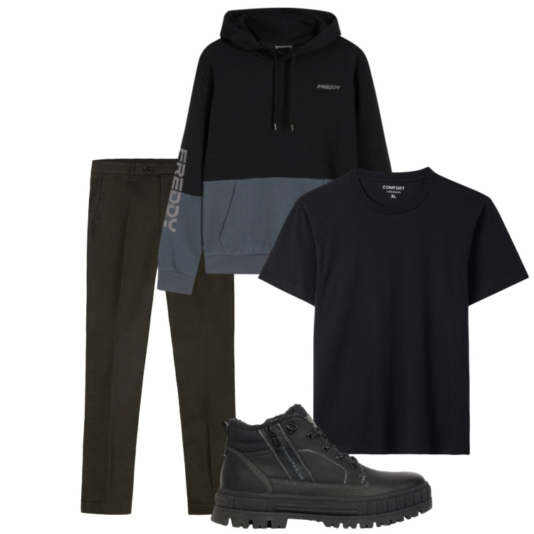 Outfit uomo - Urban black. Stile Urban per Tutti i giorni. Abbinamento con pantaloni chino, felpe con cappuccio, t-shirt, stivali e stivaletti.