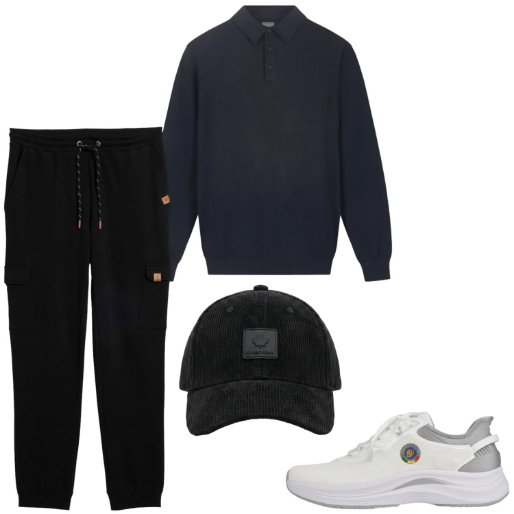 Outfit uomo - Total look #2478206. Stile Urban per Tutti i giorni. Abbinamento con polo, scarpe sportive, cappelli con visiera, pantaloni sportivi.