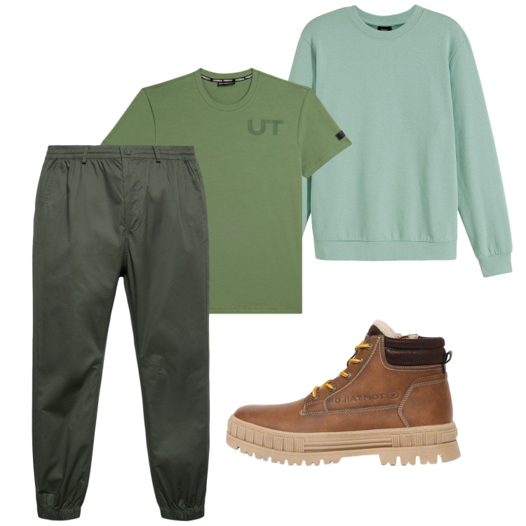 Outfit uomo - Cargo di città. Stile Casual per Tutti i giorni. Abbinamento con t-shirt, pantaloni, felpe, stivali e stivaletti.