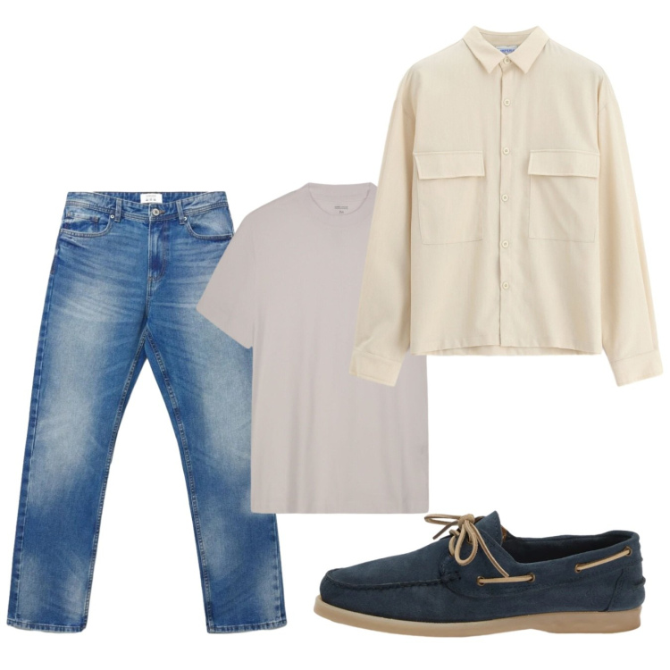 Outfit uomo - Sole di settembre. Stile Casual per Tutti i giorni. Abbinamento con scarpe stringate, camicie, t-shirt, jeans dritti.