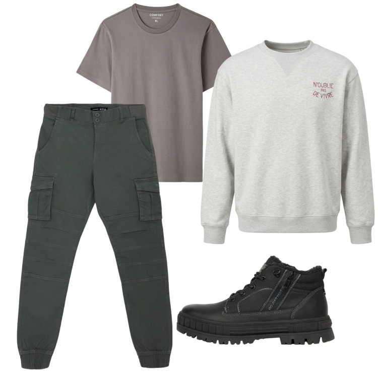 Outfit uomo - Felpa time. Stile Casual per Tutti i giorni. Abbinamento con felpe, pantaloni cargo, t-shirt, stivali e stivaletti.