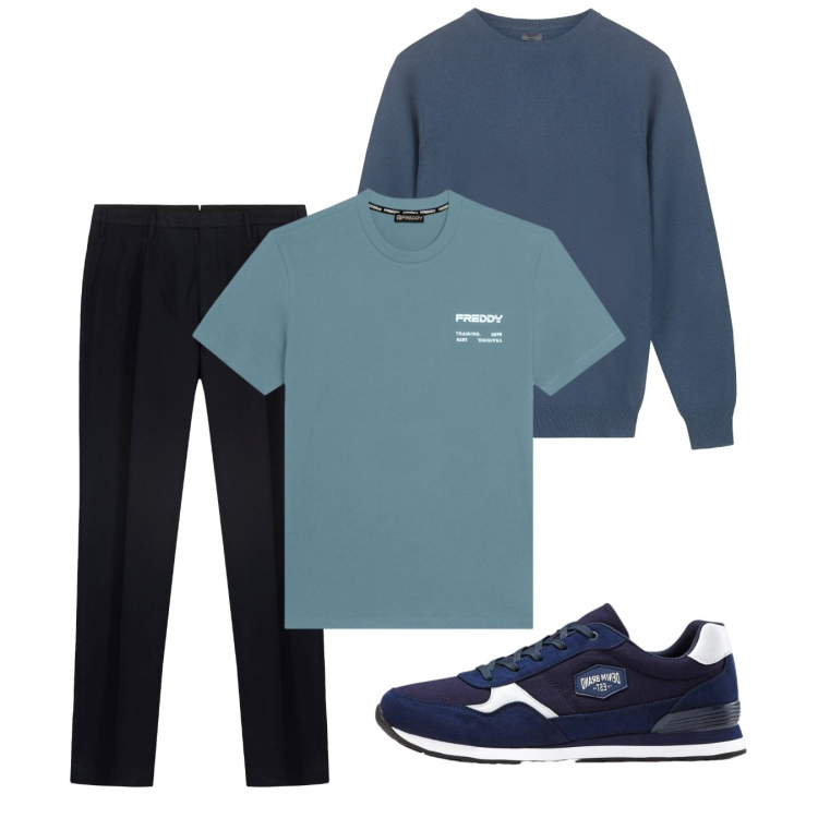 Outfit uomo - Blu. Stile Casual per Tutti i giorni. Abbinamento con maglieria, pantaloni, t-shirt, sneakers.