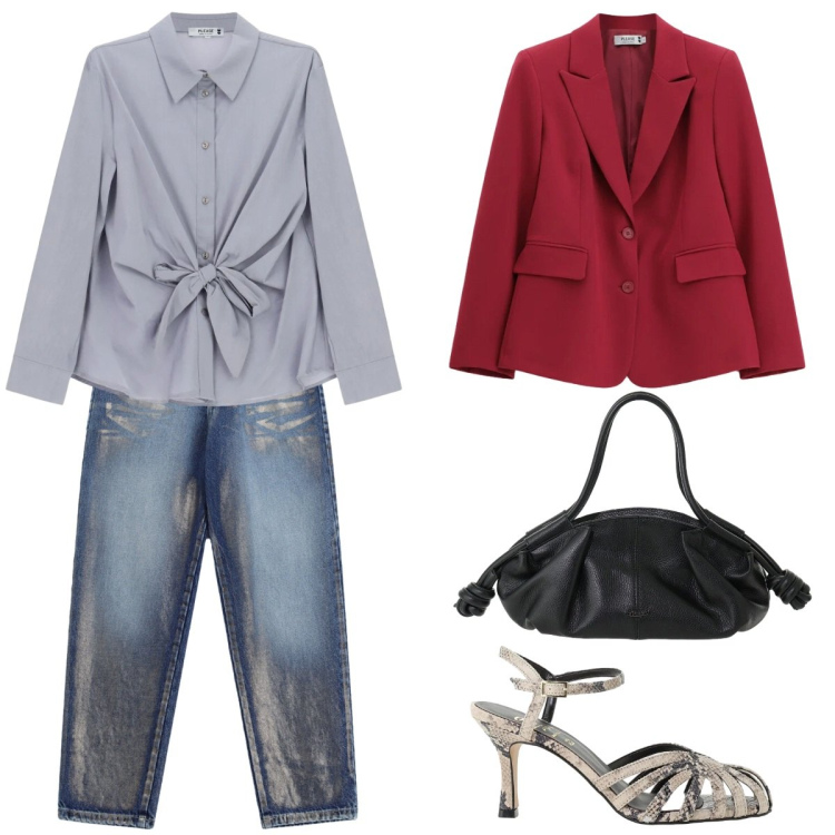 Outfit donna - Urban Chic. Stile Glamour per Serata fuori. Abbinamento con borse a mano, sandali in pelle, jeans, camicie, blazer.