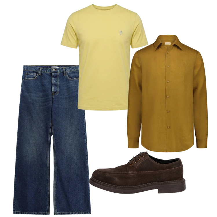 Outfit uomo - Settembre. Stile Casual per Tutti i giorni. Abbinamento con t-shirt, jeans, camicie, scarpe stringate.