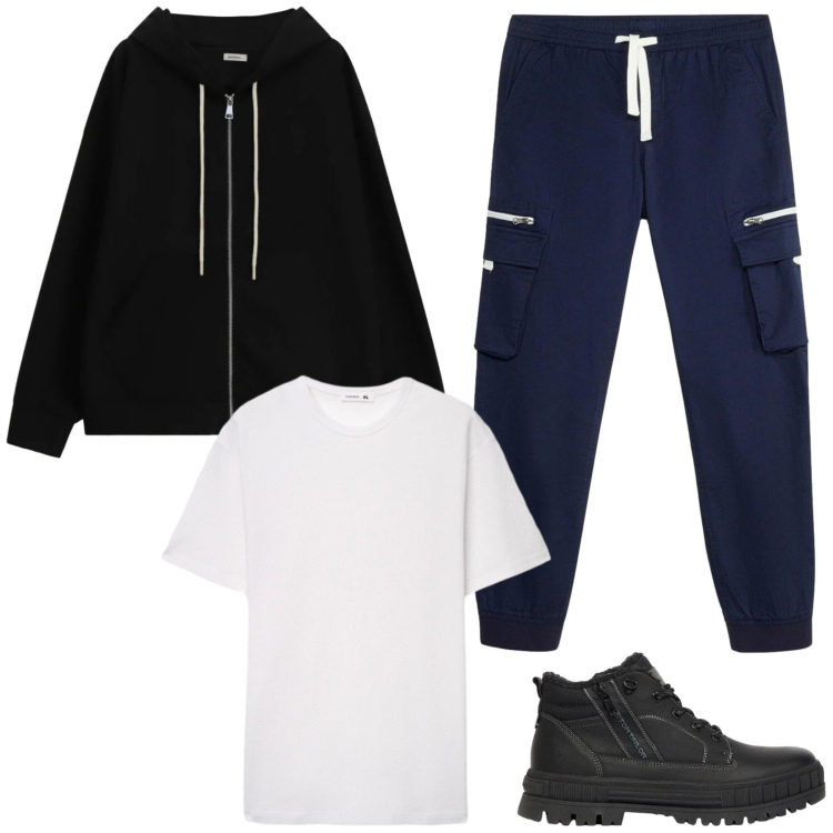 Outfit uomo - Total look #2478221. Stile Urban per Tutti i giorni. Abbinamento con felpe con cappuccio, t-shirt, stivali e stivaletti, pantaloni.