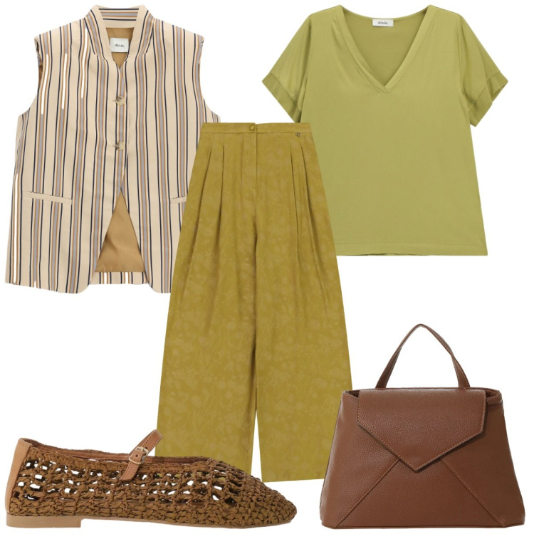 Outfit donna - Dixie - FW26 vivace. Stile Trendy per Tutti i giorni. Abbinamento con borse a mano, ballerine, gilet, pantaloni a palazzo, t-shirt.