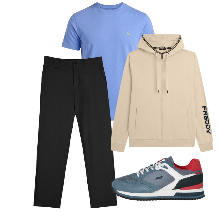 Outfit uomo - Settembre. Stile Casual per Tutti i giorni. Abbinamento con t-shirt, sneakers, felpe con cappuccio, pantaloni chino.