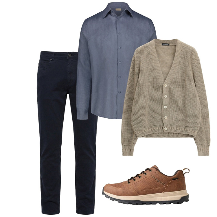 Outfit uomo - Un classico di settembre. Stile Casual per Tutti i giorni. Abbinamento con pantaloni, cardigans, camicie, sneakers.