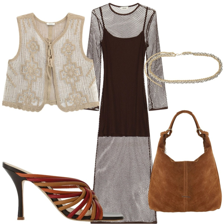 Outfit donna - Dixie - FW26 boho. Stile Boho per Tutti i giorni. Abbinamento con borse a spalla, vestiti midi/longuette, sandali col tacco, cinture, gilet.