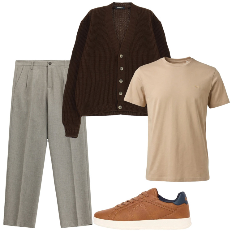 Outfit uomo - Over brown. Stile Trendy per Tutti i giorni. Abbinamento con t-shirt, cardigans, pantaloni, sneakers.