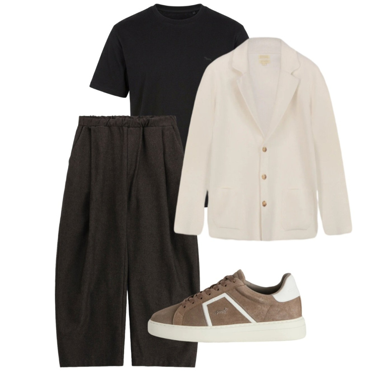 Outfit uomo - Settembre. Stile Trendy per Tutti i giorni. Abbinamento con sneakers, t-shirt, pantaloni, cardigans.