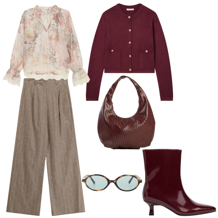 Outfit donna - Autumn. Stile Casual per Tutti i giorni. Abbinamento con borse a spalla, stivaletti, cardigans, occhiali da sole, bluse, pantaloni a palazzo.
