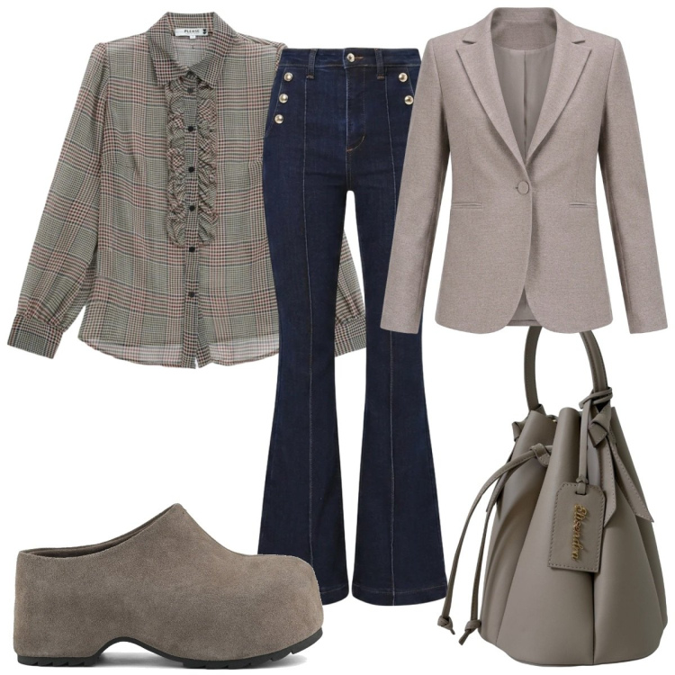 Outfit donna - Armonia in grigio. Stile 70s per Tutti i giorni. Abbinamento con camicie, jeans a zampa, blazer, borse a secchiello, zoccoli.