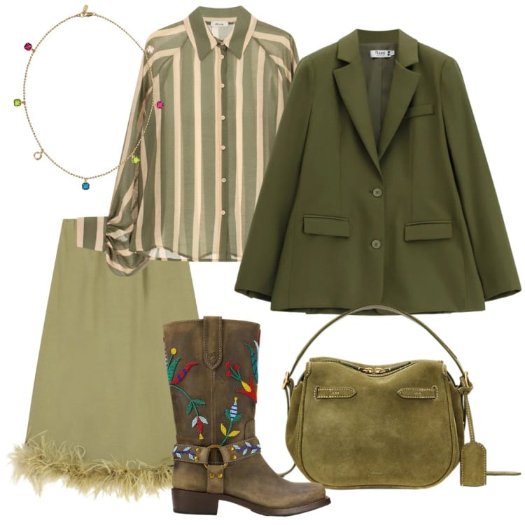 Outfit donna - Equilibrio Inaspettato. Stile Boho per Tutti i giorni. look ideale per Petite. Abbinamento con blazer, camicie, gonne longuette, borse a mano, stivali, collane.