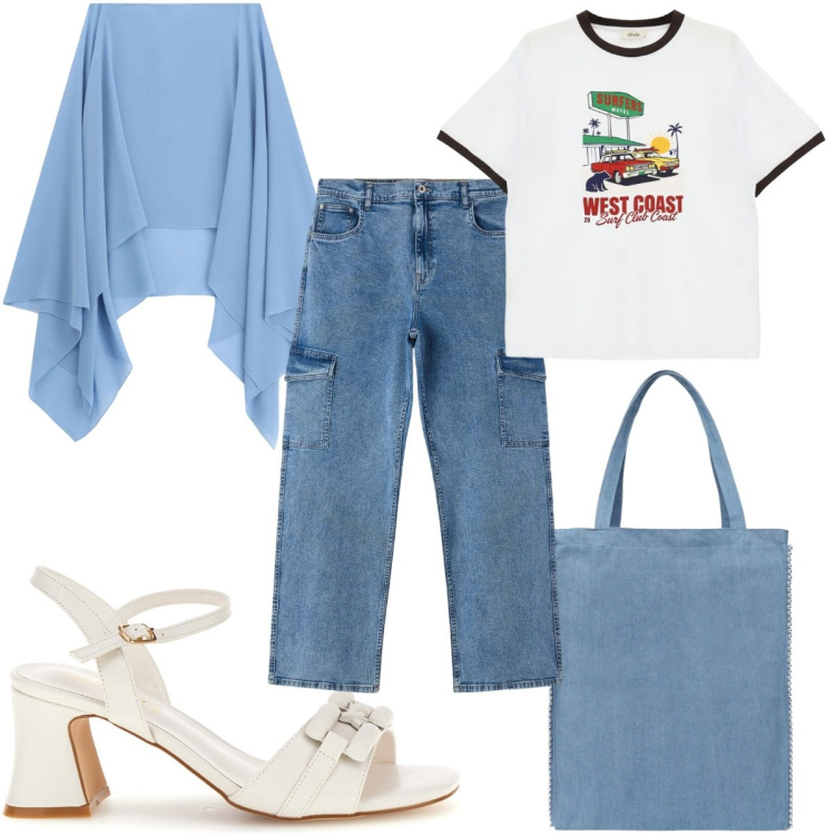 Outfit donna - Oroscopo La Bilancia - sporty chic. Stile Sporty chic per Tutti i giorni. Abbinamento con borse tote, jeans dritti, cappe, t-shirt, sandali col tacco.