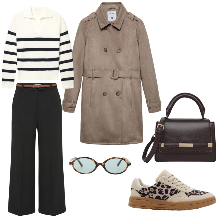 Outfit donna - Autumn. Stile Casual per Tutti i giorni. Abbinamento con sneakers, pantaloni, borse a tracolla, trench, maglieria, occhiali da sole.