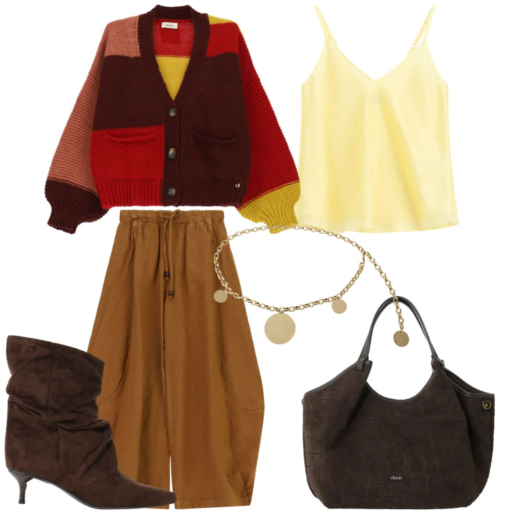 Outfit donna - Aperitivo dai Colori Autunnali. Stile Vintage retrò per Serata fuori. Abbinamento con stivali, top, borse a spalla, cardigans, pantaloni, cinture.