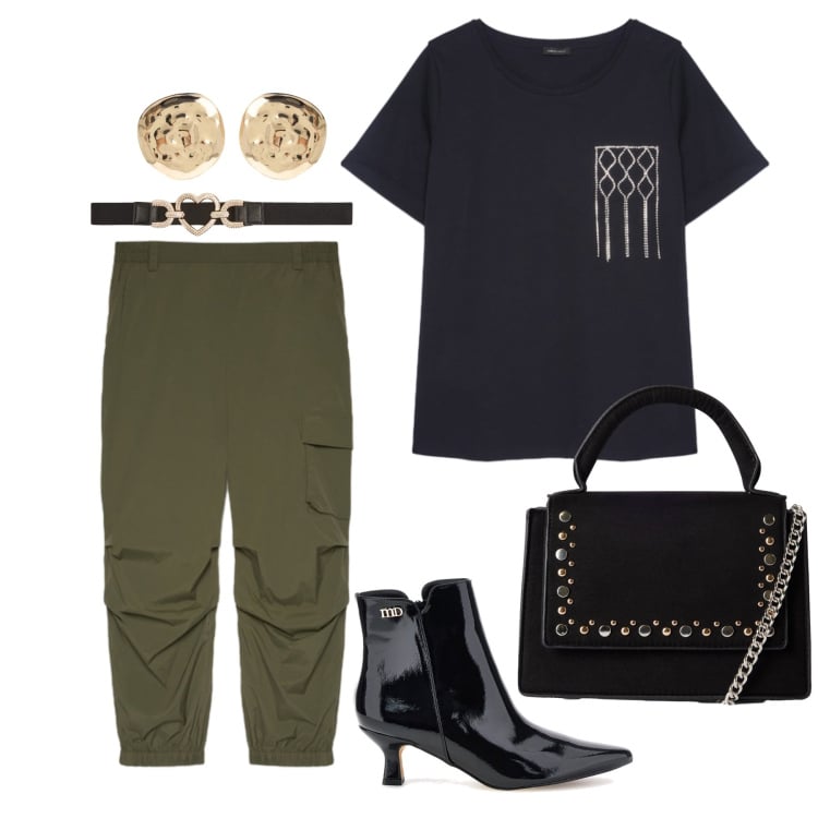 Outfit donna - Settembre. Stile Casual chic per Tutti i giorni. Abbinamento con cinture, borse a tracolla, orecchini, t-shirt, pantaloni cargo, stivaletti.