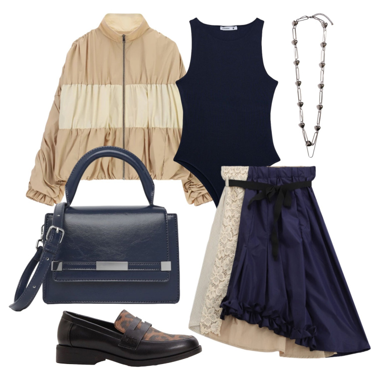 Outfit donna - Settembre. Stile Glamour per Tutti i giorni. Abbinamento con mocassini, top, borse a tracolla, gonne longuette, bomber, collane.