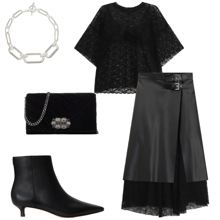 Outfit donna - Io... Bilancia. Stile Casual chic per Serata fuori. Abbinamento con t-shirt, gonne longuette, stivaletti, collane, borse a tracolla.