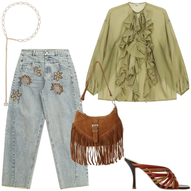 Outfit donna - Uno stile che unisce eleganza e comfort. Stile Chic per Serata fuori. Abbinamento con borse a spalla, jeans, sandali col tacco, bluse, cinture.