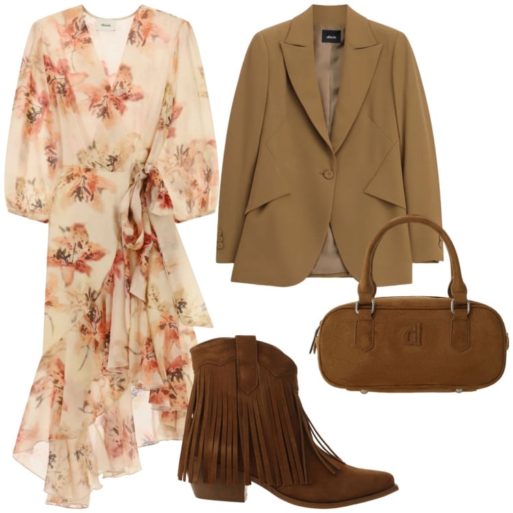 Outfit donna - Country chic. Stile Trendy per Tutti i giorni. Abbinamento con stivaletti texani, borse a mano, blazer, vestiti midi/longuette.