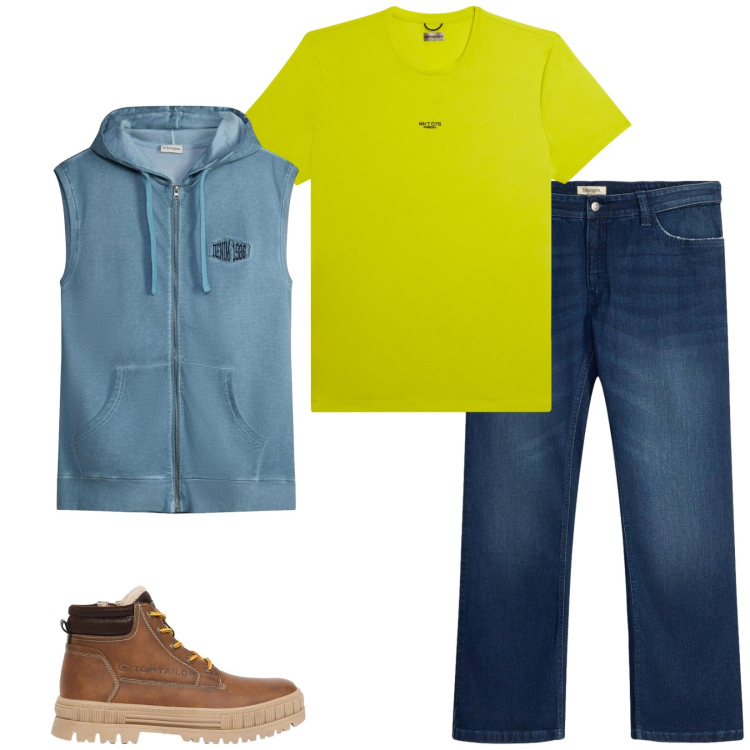 Outfit uomo - Total look #2478296. Stile Trendy per Tutti i giorni. Abbinamento con t-shirt, gilet, jeans bootcut, stivali e stivaletti.