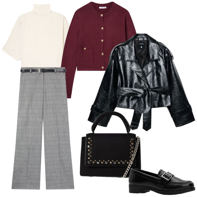 Outfit donna - Autumn. per Tutti i giorni. Abbinamento con mocassini, cardigans, pantaloni, borse a tracolla, bluse, trench.